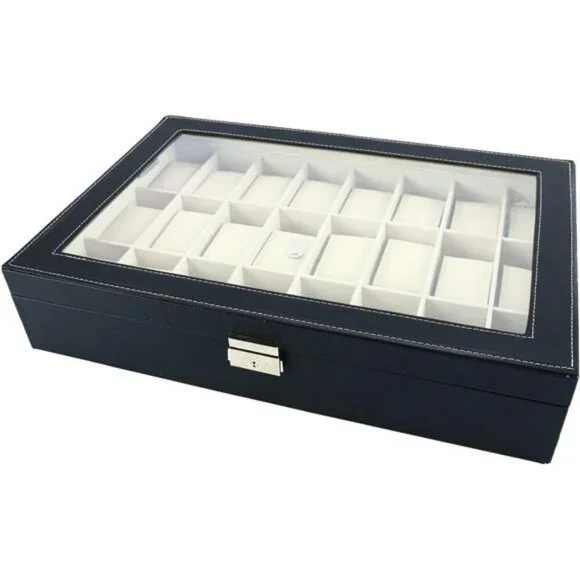 Watch Box 24 Slot PU Leather Display Case with Lock Acrylic Top Organizer